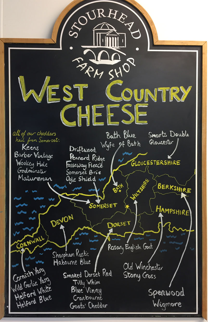 blackboard with map showing source of cheeses